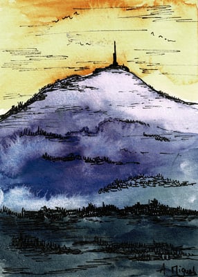 Aquarelle sur format carte postale. Croquis d'un coucher de soleil au Puy de Dôme, fin juin. Utilisation de feutres à pointes fines