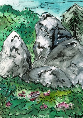 Aquarelle sur format carte postale. Croquis des Pierres folles de Fournols, Livradois Forez, Puy de Dôme. Utilisation de feutres à pointes fines