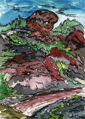 Aquarelle sur format carte postale. Croquis de Lemptégy (Puy de Dôme, France). Utilisation de feutres à pointes fines