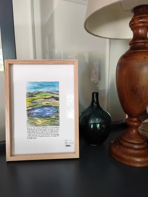 Aquarelle et crayons façon carnet de voyage représentant les tourbières du Jolan et de la Gazelle (Cantal, France). Format carte postale. Utilisation de feutres pointes fines. La carte est encadrée et accompagnée d'un texte situant le lieu écrit à la main "Située à 1130 mètres d’altitude, sur les plateaux basaltiques du Nord Cantal, la Réserve Naturelle Régionale des tourbières du Jolan et de la Gazelle présente une faune et une flore particulières. Ces milieux humides sont un véritable réservoir de biodiversité. Les paysages sont formés de vastes étendues verdoyantes et vallonées".  