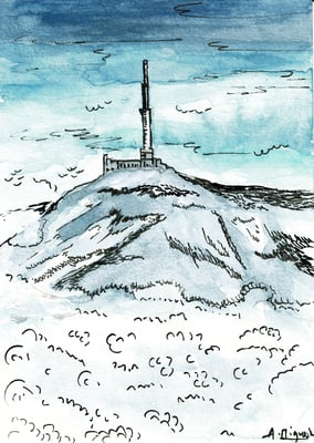 Aquarelle sur format carte postale. Croquis du sommet du Puy de Dôme, fin décembre. Utilisation de feutres à pointes fines