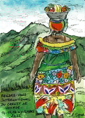 Aquarelle sur carte postale en référence au rendez-vous international du carnet de voyage 2025 à Clermont-Ferrand. Utilisation de feutres à pointes fines. 