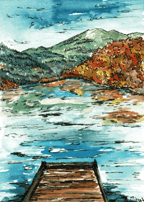 Aquarelle sur carte postale représentant le lac Chambon en Auvergne. Utilisation de feutres à pointes fines pour les contrastes. 
