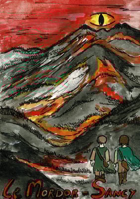 Aquarelle originale représentant le Mordor du Seigneur des Anneaux à la place du Mont-Dore. Frodon et Sam au premier plan. Utilisation de feutres à pointes fines. 