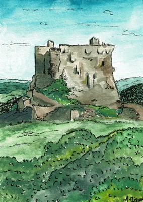 Aquarelle sur carte postale représentant le château de Murol (Puy de Dôme, Auvergne). Utilisation de feutres à pointes fines. 