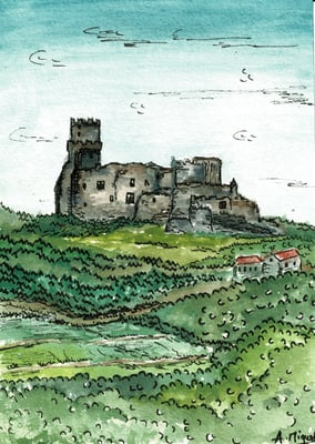 Aquarelle sur carte postale représentant le château de Tournoël (Puy de Dôme, Auvergne). Utilisation de feutres à pointes fines. 