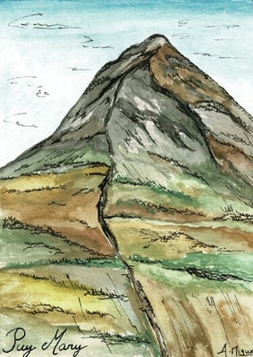 Aquarelle sur carte postale représentant le Puy Mary (Cantal, Auvergne). Utilisation de feutres à pointes fines. 
